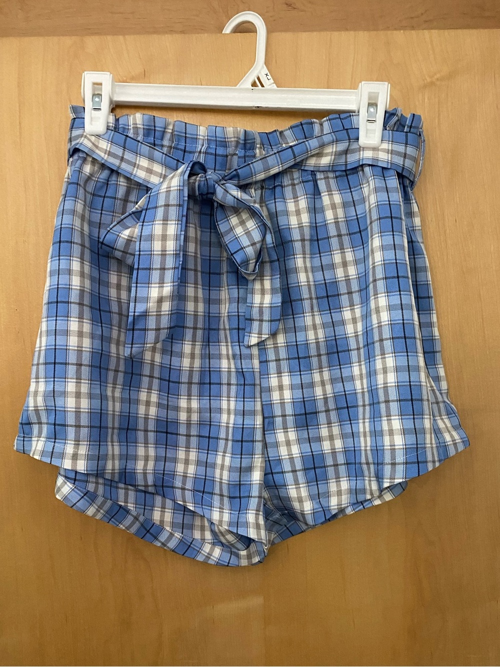 Blue Plaid High Waisted Paperbag Relaxed Fit Pull On Shorts w Tie Belt XL